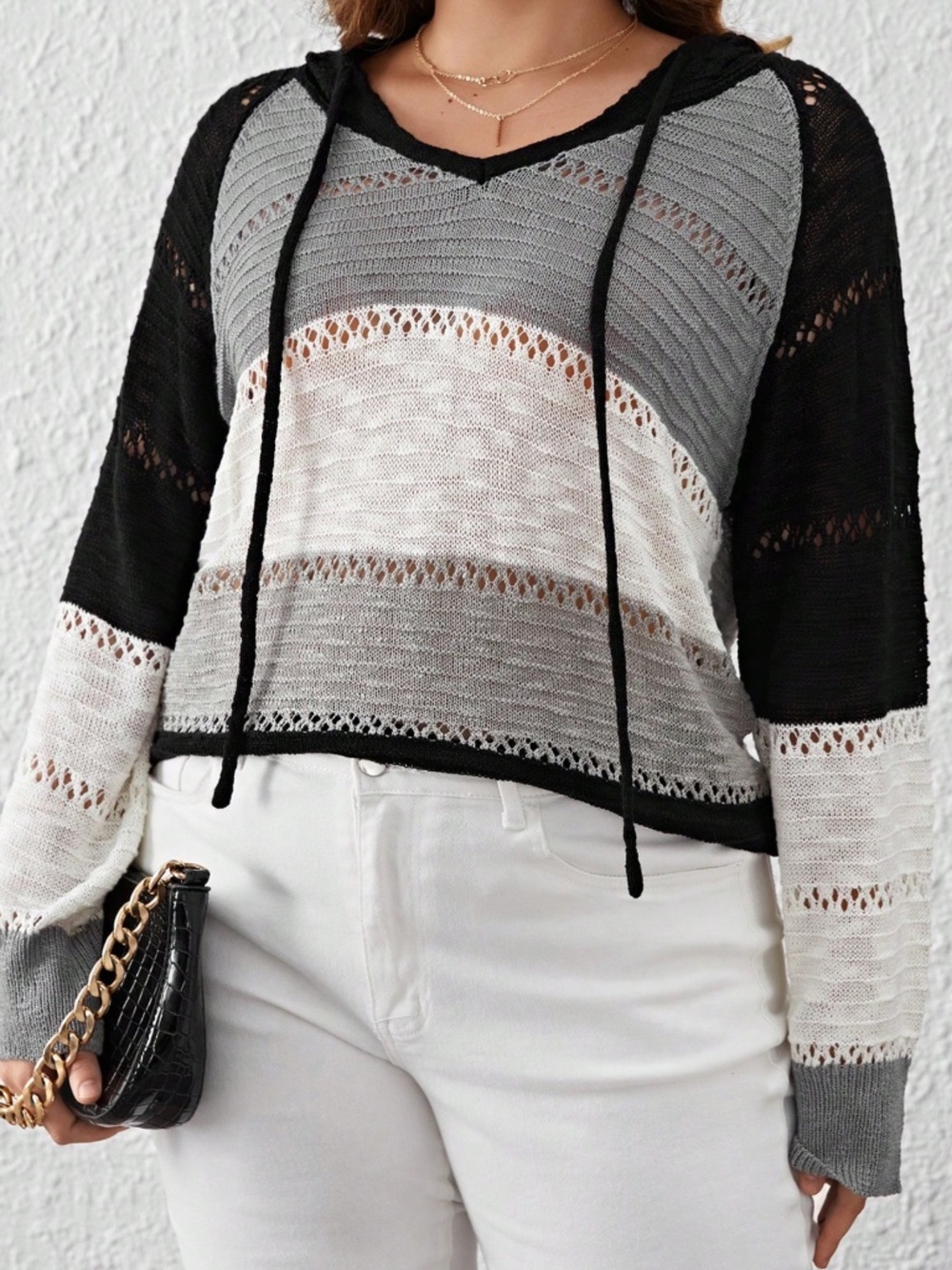 Plus Color Block Semi Sheer Split Hem Hoodie Sweater Top
